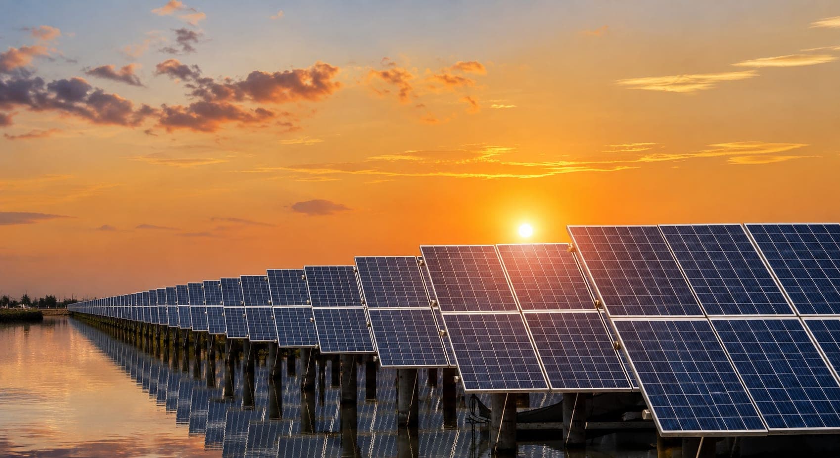 Solar panel farm at sunset